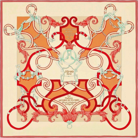 BNWT HERMES GIANT SILK SCARF L'INSTRUCTION DU ROY, 55x55 ivory/peach
